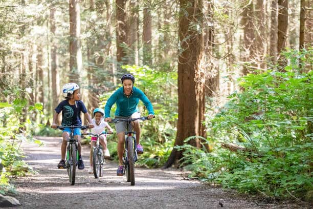 A woman and her two kids ride bikes in the forest in the sunshine