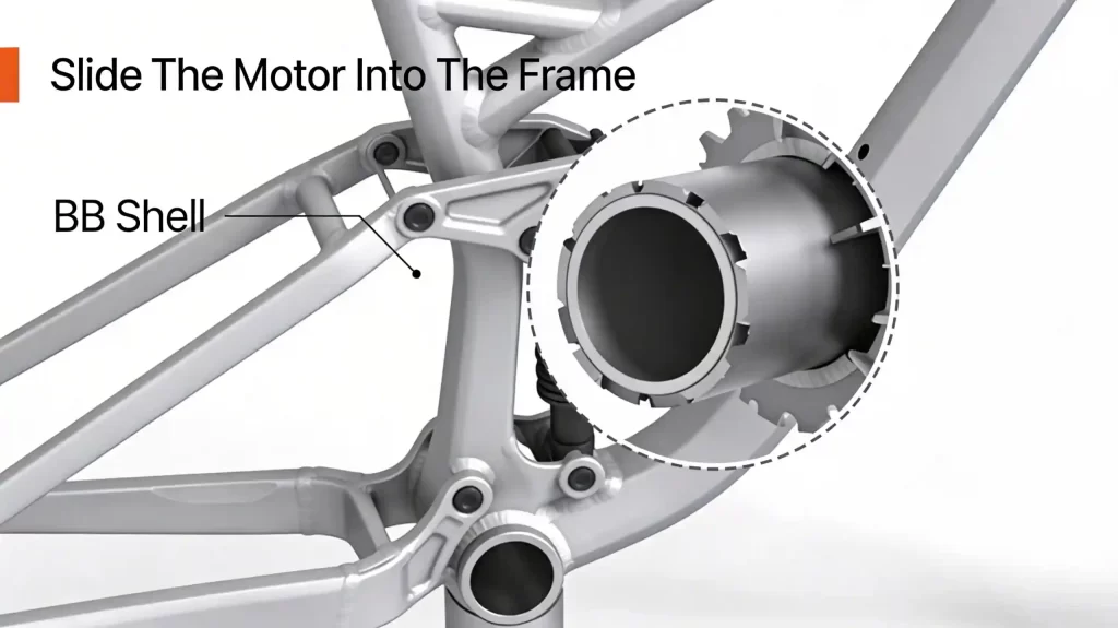picture showing a bb empty prepared for a mid drive to slide into